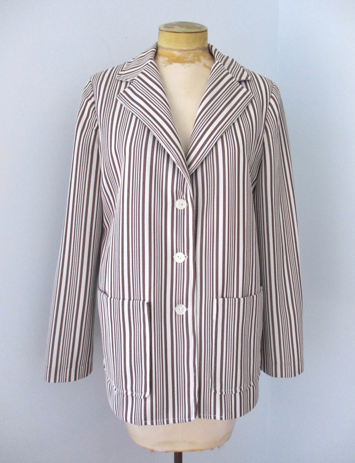 Vtg 70s Mod Brown Poly Knit Textured Stripe Button Jacket Blazer Pockets L/XL