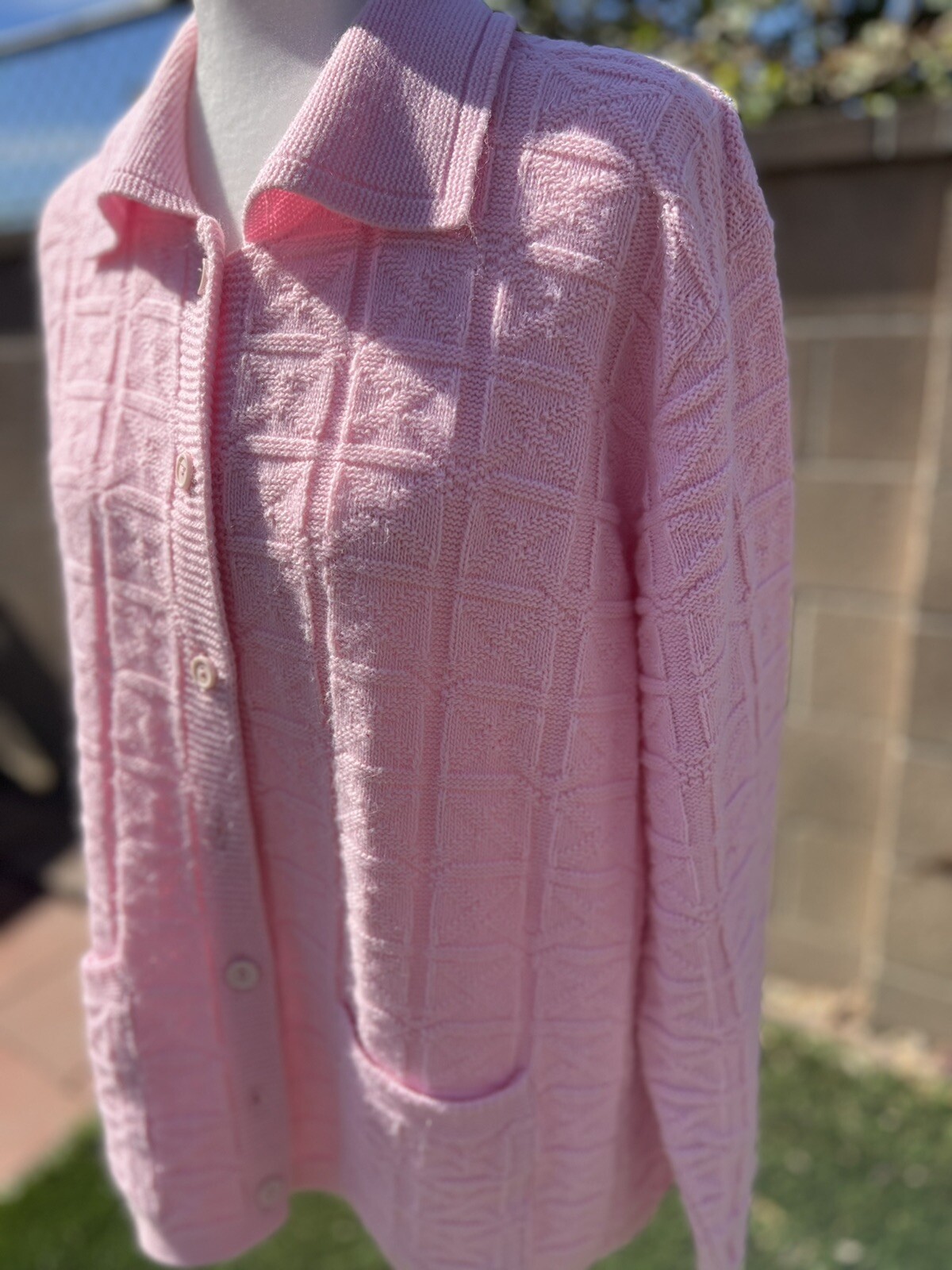 Vintage Billie Jo M Crochet Sweet Pink Long Sleeve Knit Cardigan Sweater USA