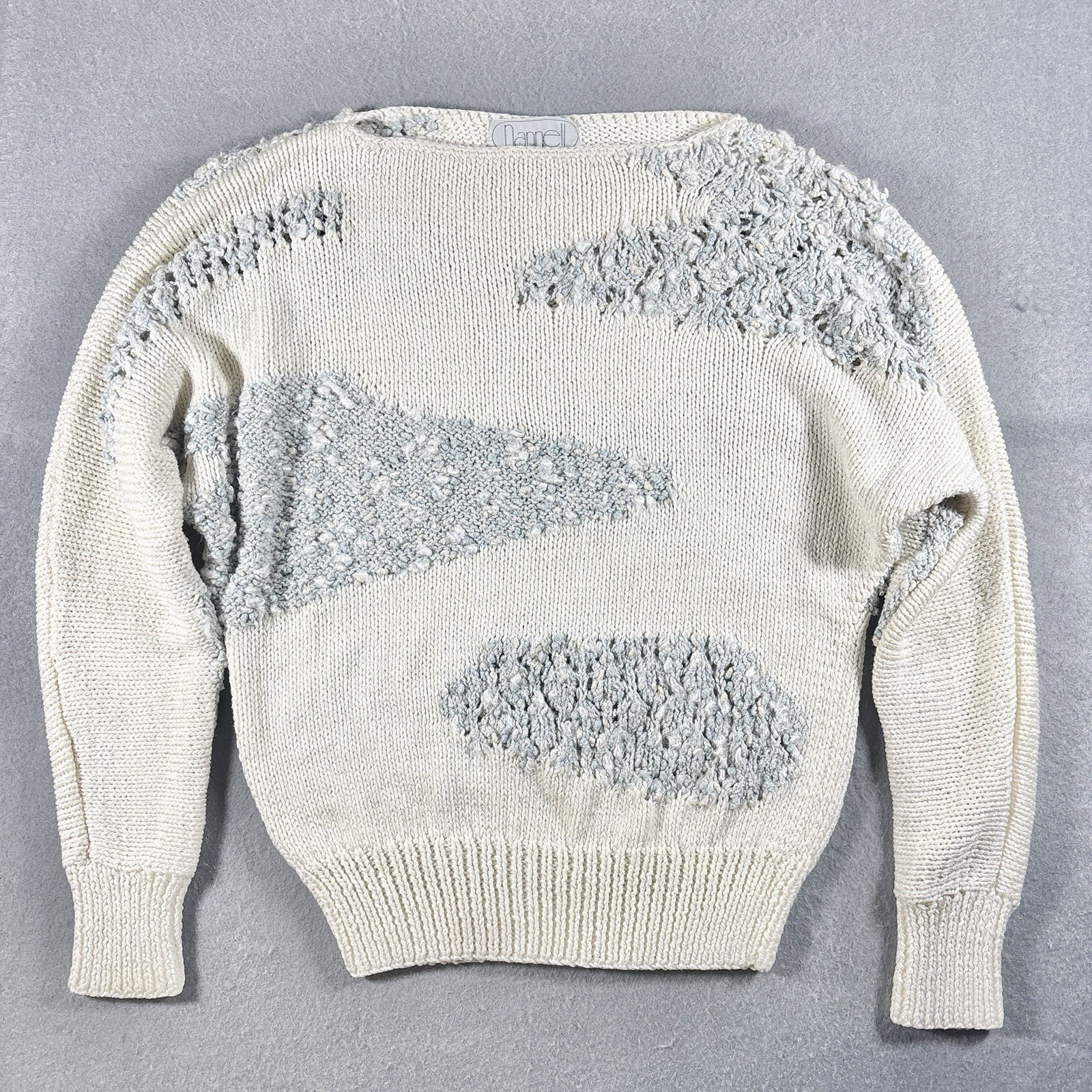 Vintage NANNELL 80s Hand Knit Wool Sweater Womens SM Geometric Clouds Hong Kong