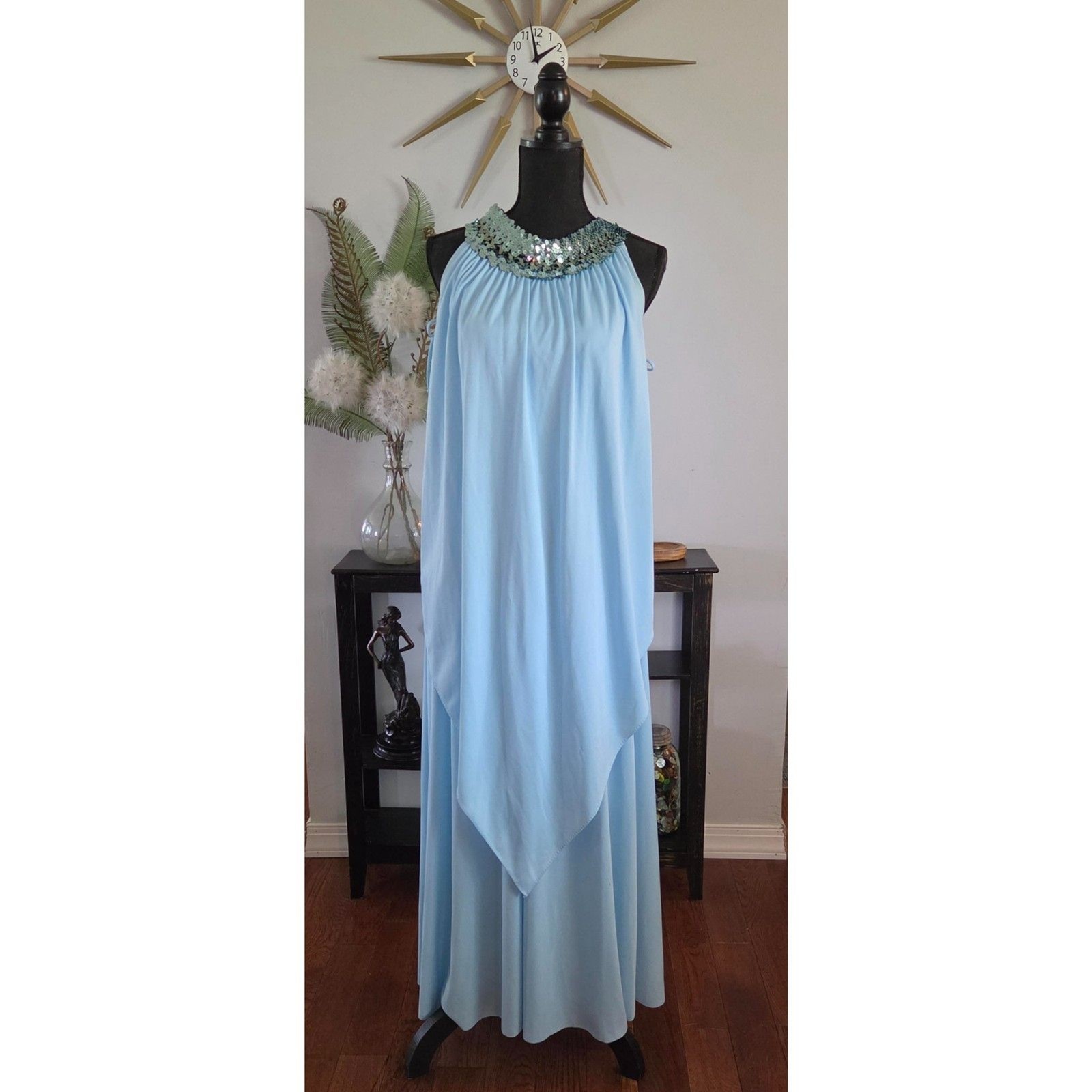 Vintage Grecian-style draped gown with sequin bollar-Powder blue, size 8/10
