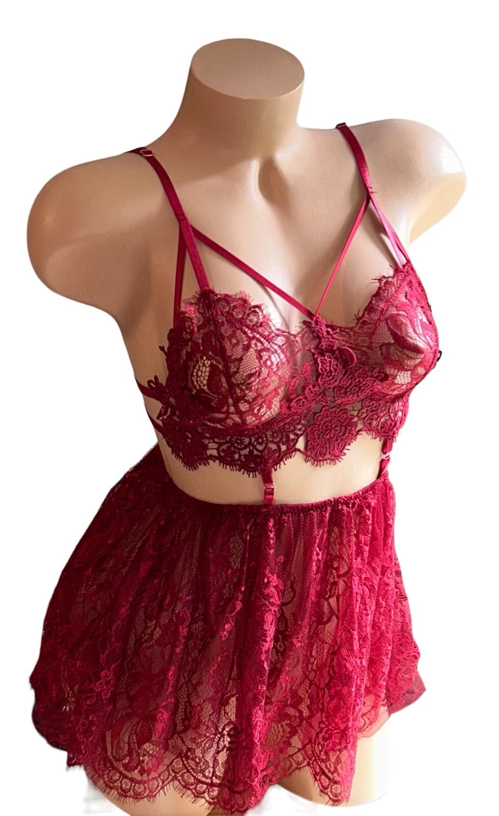 Avidlove Maroon Shiny Silky Lace Sheer Romper Nightie Women’s S NOS