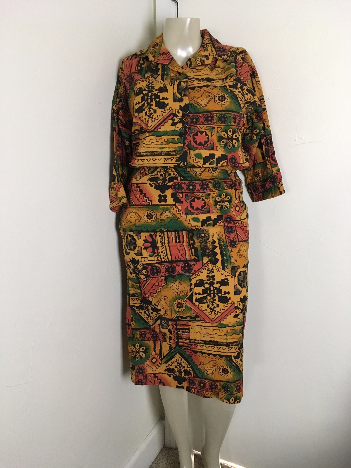 80s Vintage 2pc L Skirt Shirt Outfit Set Ethnic Tribal Novelty Tropical Spanish