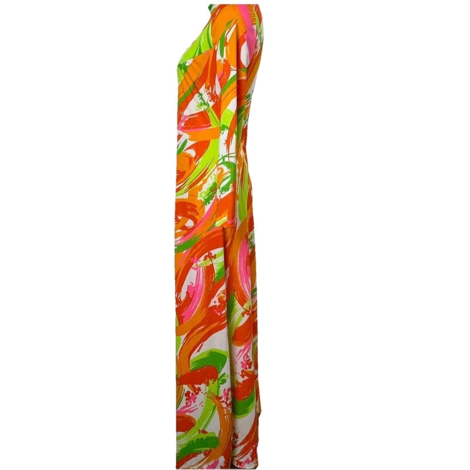 Vintage 70s Psychedelic Maxi Dress Multicolor Abstract Mock Neck Retro Mod