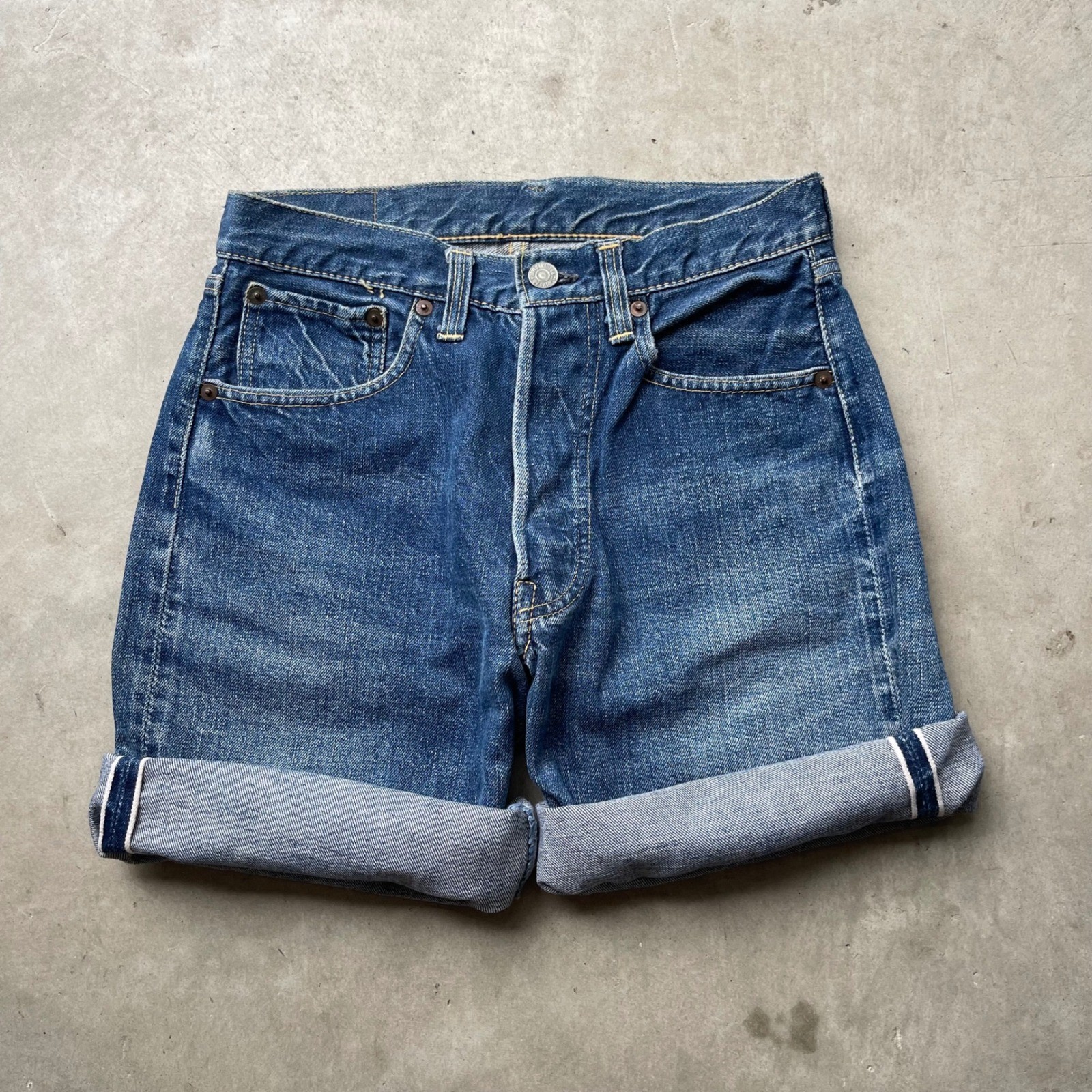 Vintage Levis 501 Big E Selvedge Denim Shorts Indigo Hidden Rivet High Waist 27