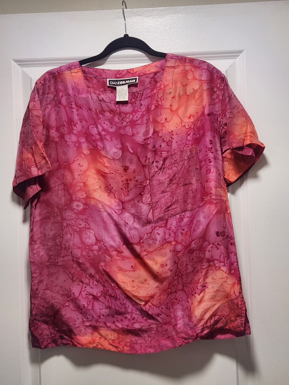 Vintage Diane Gilman Silk Blouse Tie Dye Splash Print Short Sleeve Pocket