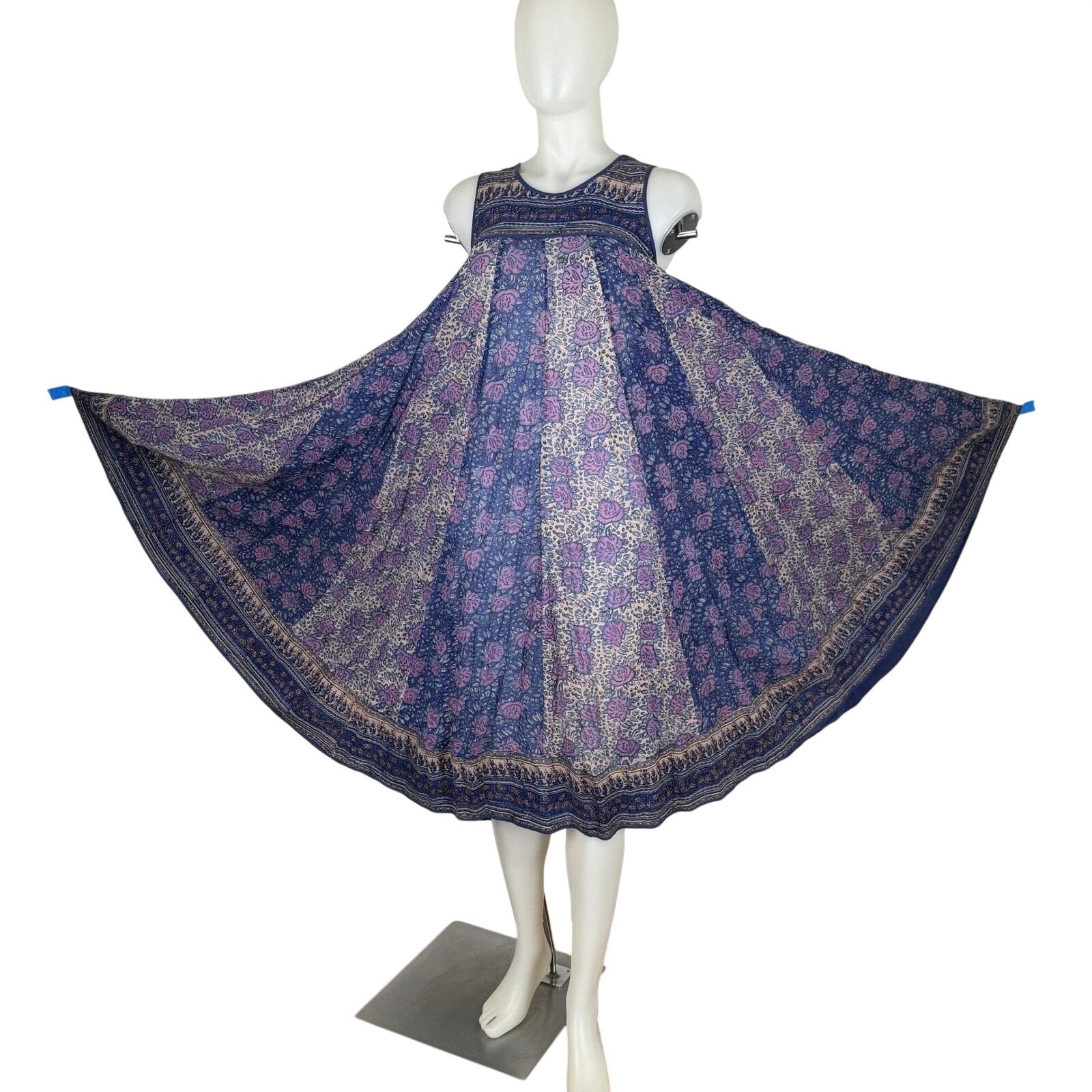 Vintage 70s Phool Indian Block Print Bib Midi Sleeveless Hippie Boho Cotton XS