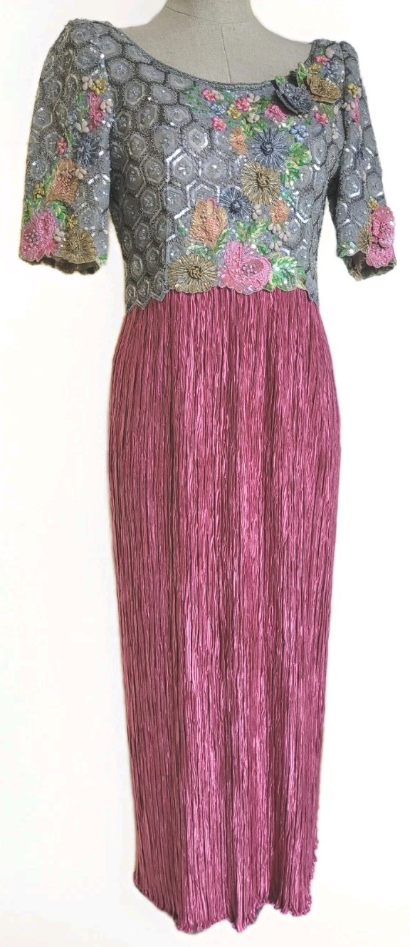 Vintage 80s 90s Mary McFadden Couture 3-D Embroidered Beaded Maxi Dress 8 Formal