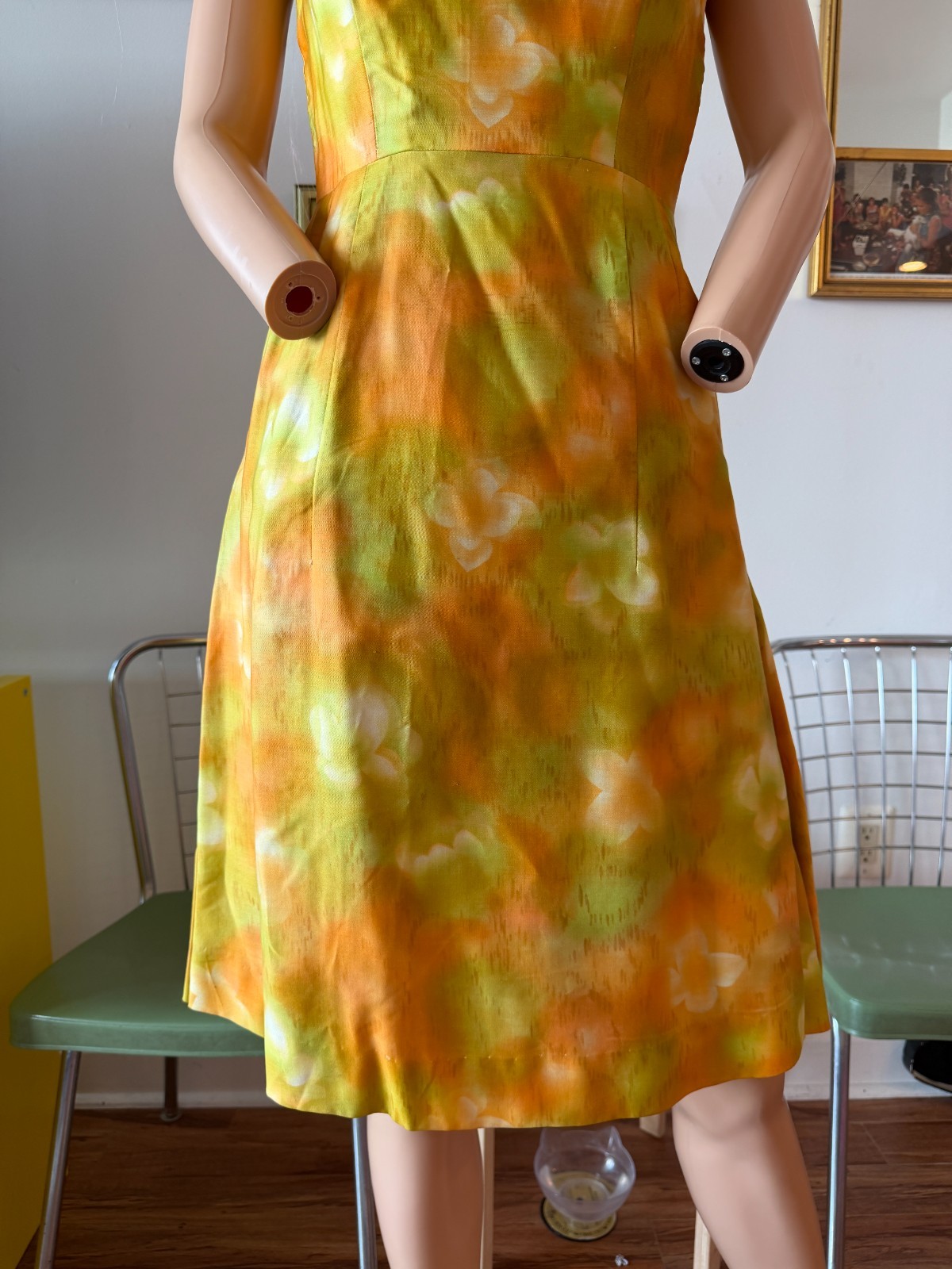 🍊 Vtg 50s Silk Citrus Atomic Floral Side Pleat Structure Cocktail Dress M