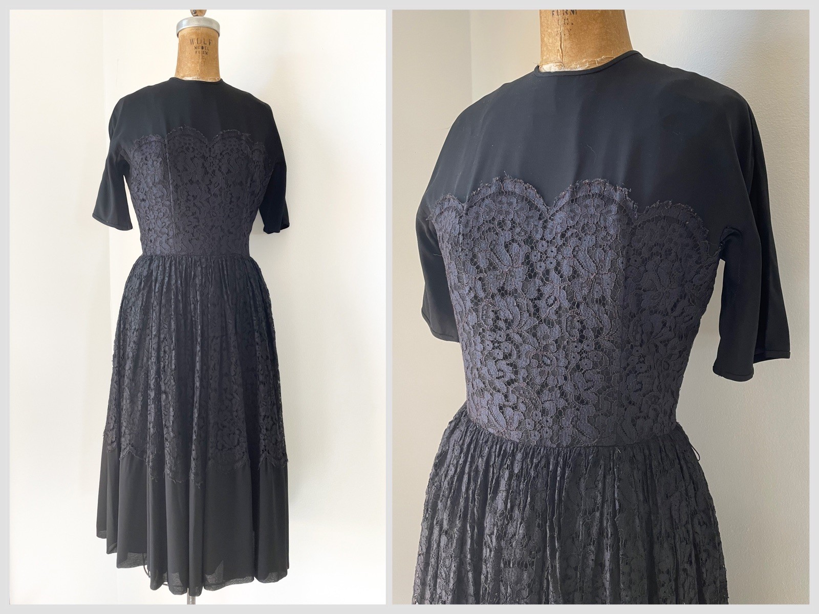 True Vintage 1950’s L’Aiglon Black Party Dress Full Skirt Silk Crepe & Lace S