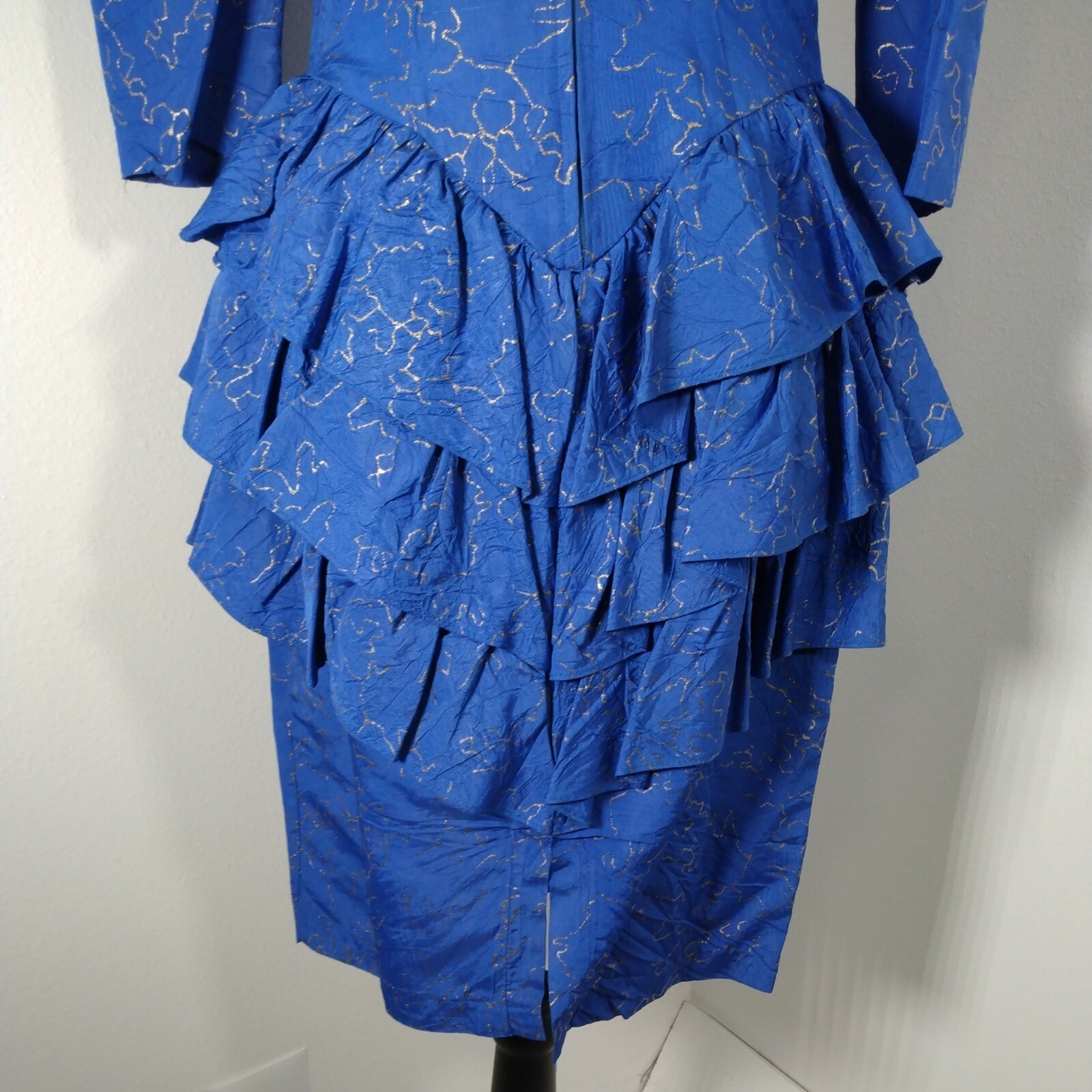 CREME Midi Dress Womens 7 Midi Blue Gold Puffy Sleeve Ruffles 80’s True Vintage