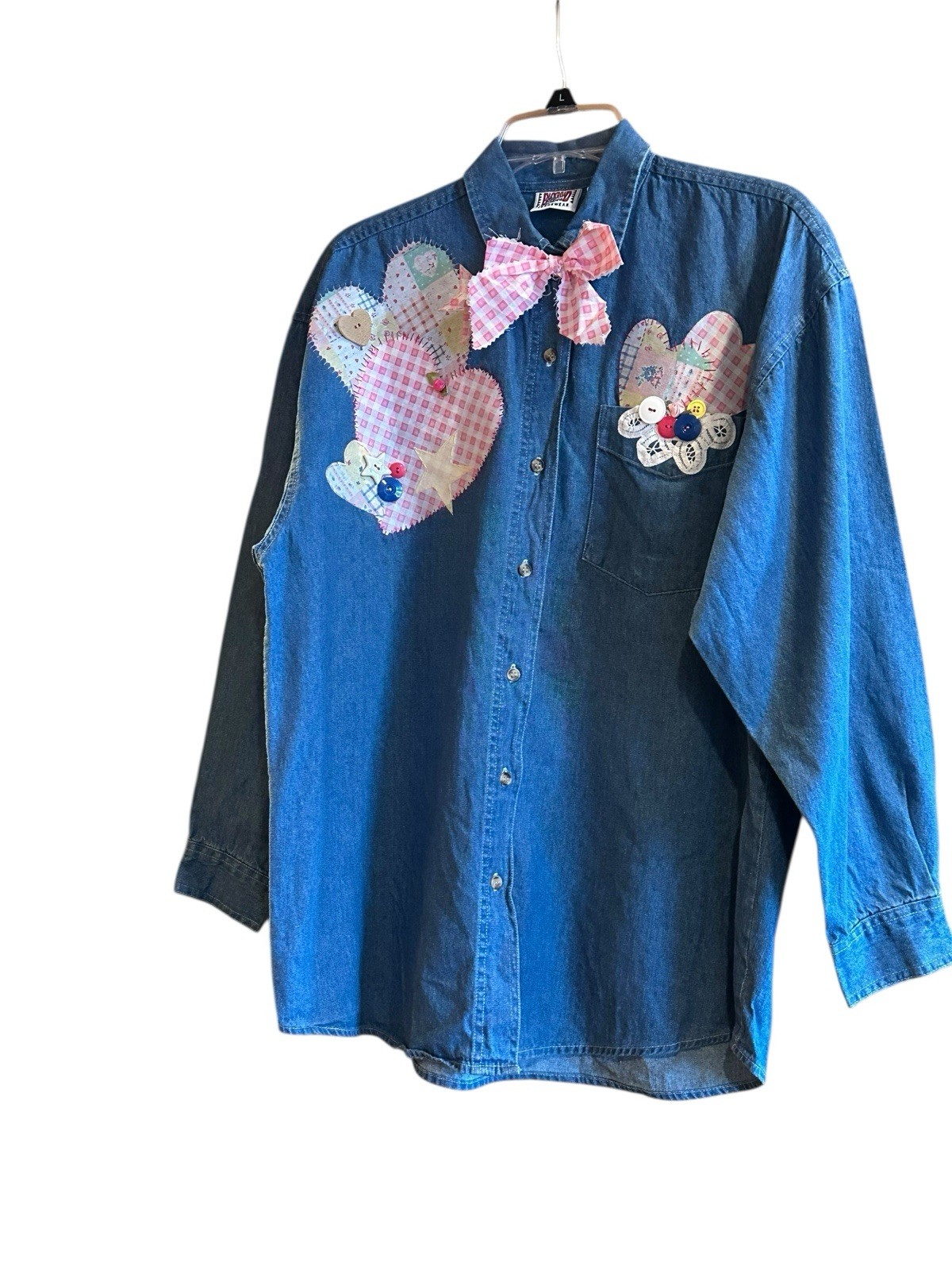 Vtg Western Country 90s Patchwork Denim Top Appliqué Hearts Buttons Lace Large