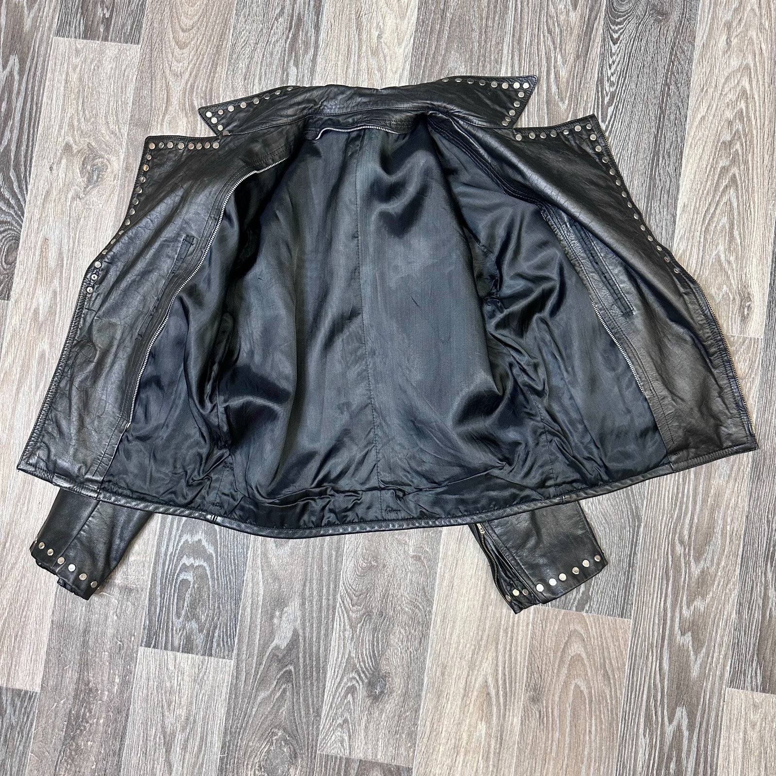 Vintage Leather Motorcycle Jacket 90s Black Studded Biker Punk Coat L/XL