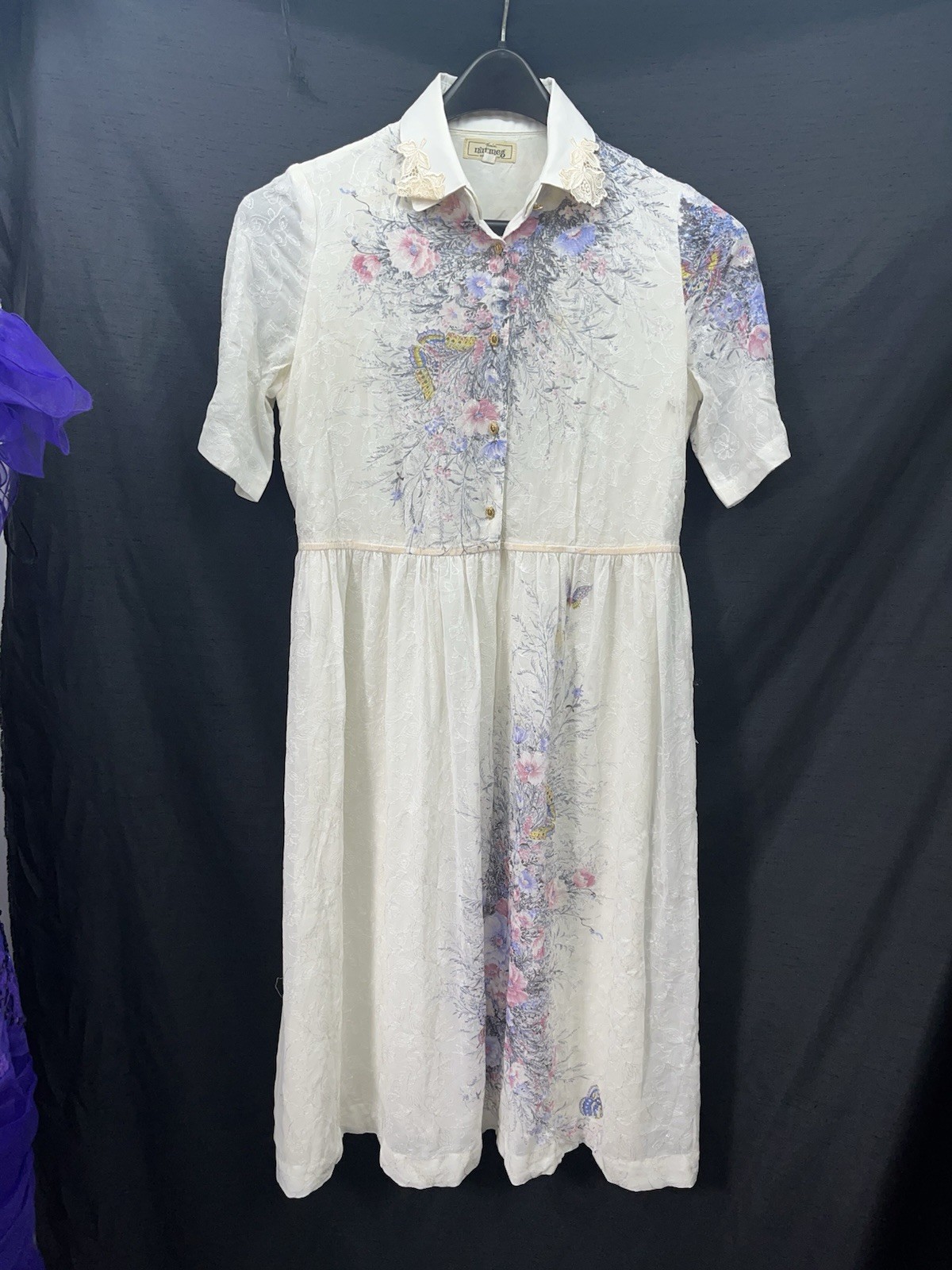 Vtg Femina Nutmeg Floral Butterfly Embroidered Dress Rose Print Cottagecore S/M