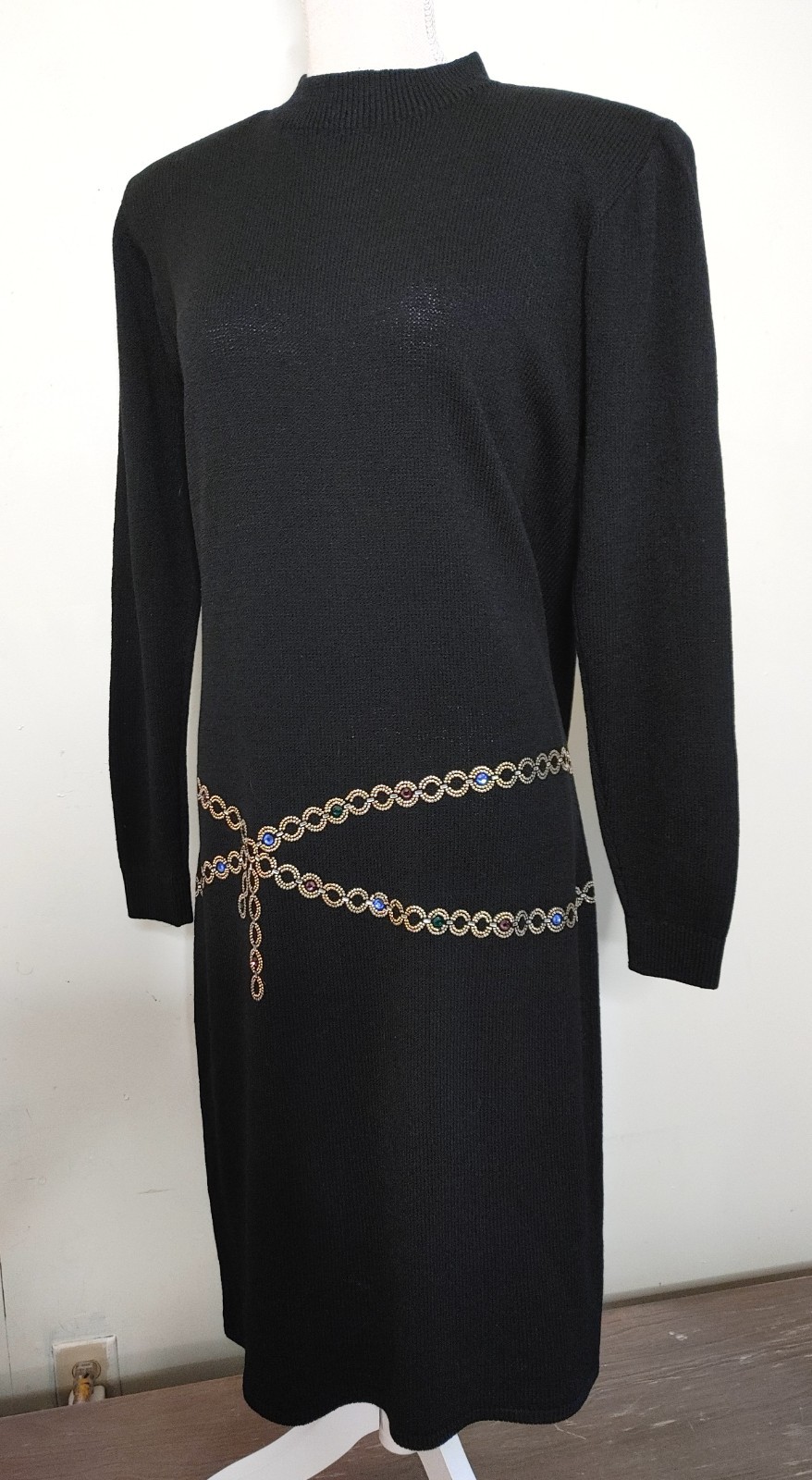 Vintage St John Saks Knit Dress 12 Black Santana Sweater Jeweled Chain Waist 80s