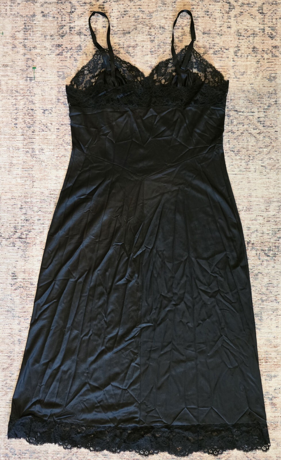 Vanity Fair Full Slip Black Tricot Nylon Lace Old Tag USA Vintage 34 T