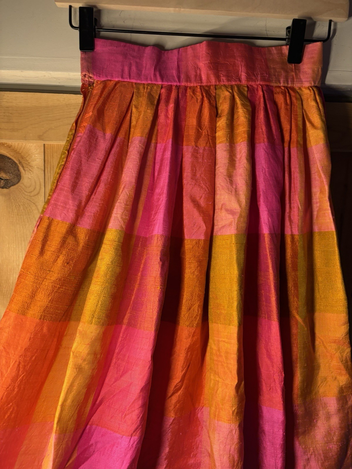 1970s vivid orange and pink plaid maxi skirt Waist 23” 3XS-2XS RETRO MAGIC