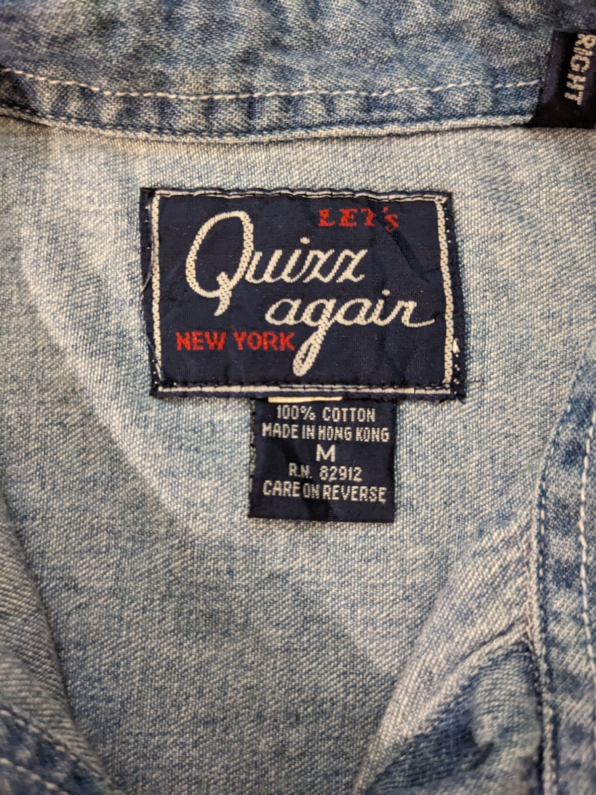 Vintage Let’s Quizz Again Embroidered Button Up Denim Shirt Cowboy Teddy Bears M
