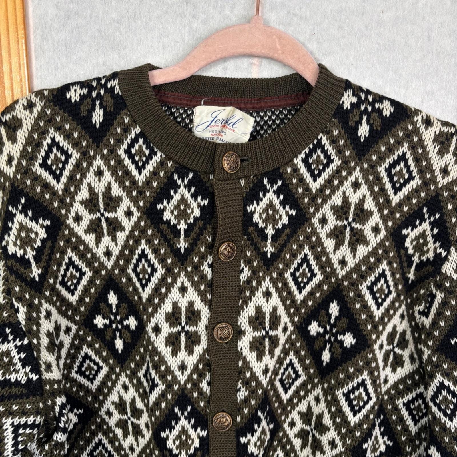 Vintage Jersild Virgin Wool Fair Isle Cardigan Sweater Olive Green Geometric L
