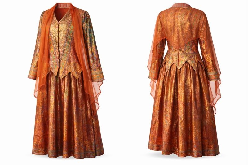 Vintage Indian Brocade Skirt & Jacket Set Gold Copper Silk Look Festival Wear