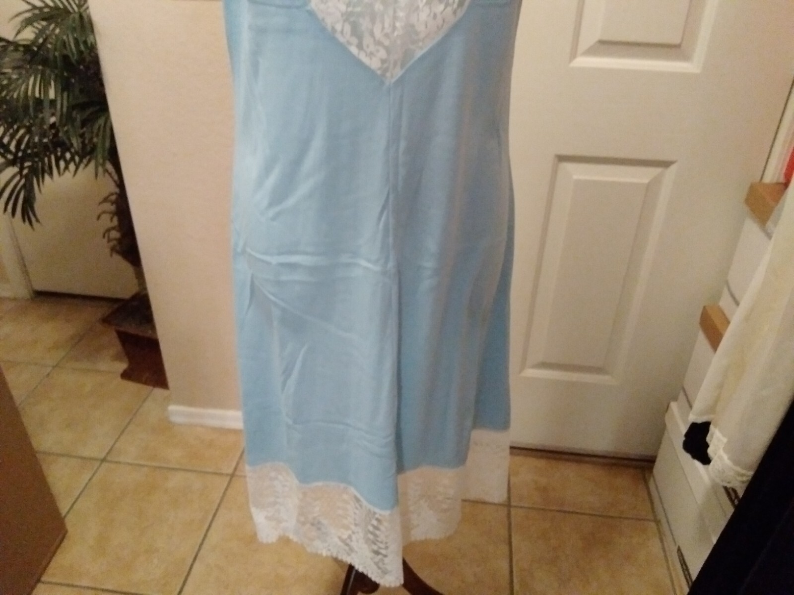 Womans Vintage Full Slip Dress Chemise European M-L Blue Lace Bodice