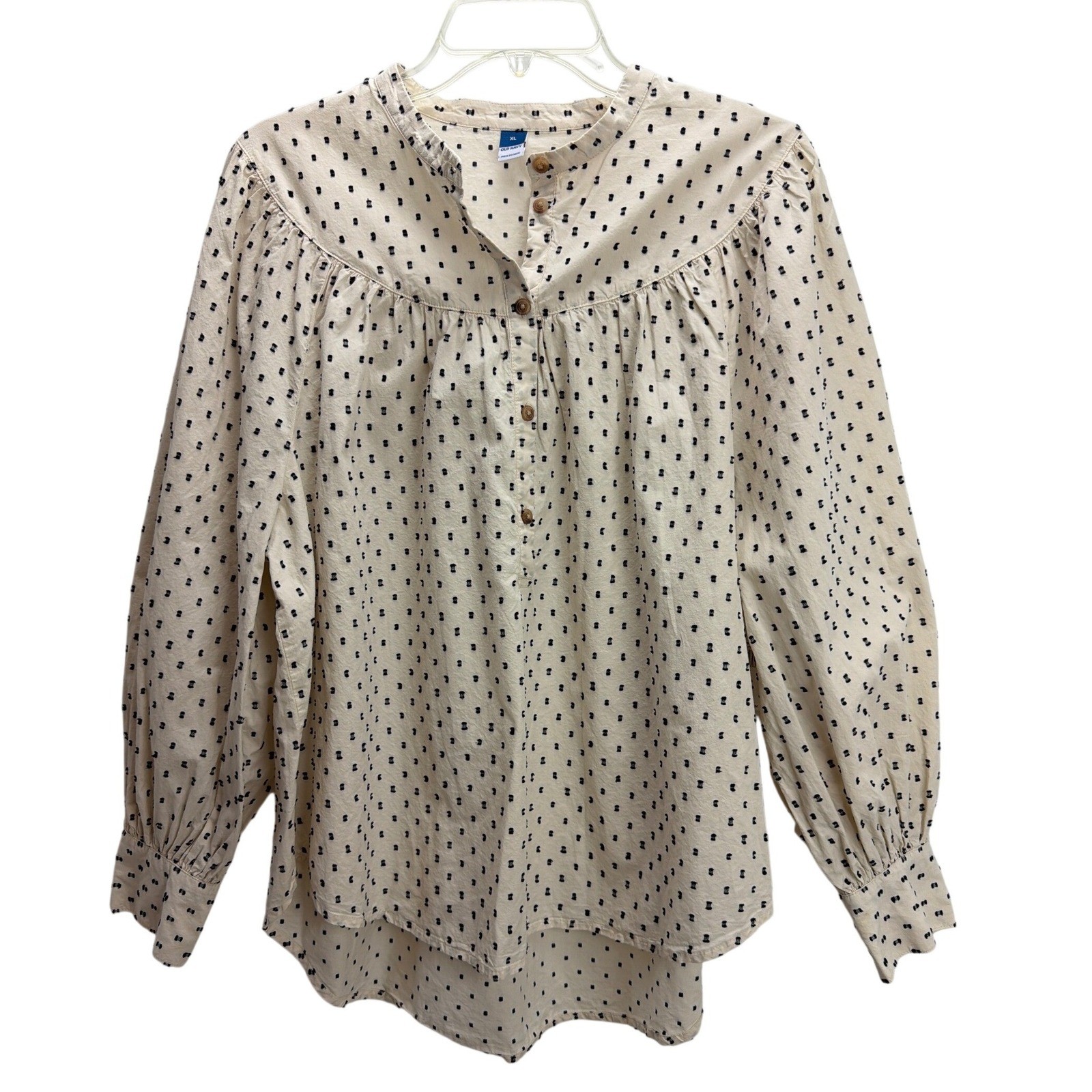 Old Navy Cream Long Puff-Sleeve Black Clip-Dot Henley Swing Blouse XL Casual