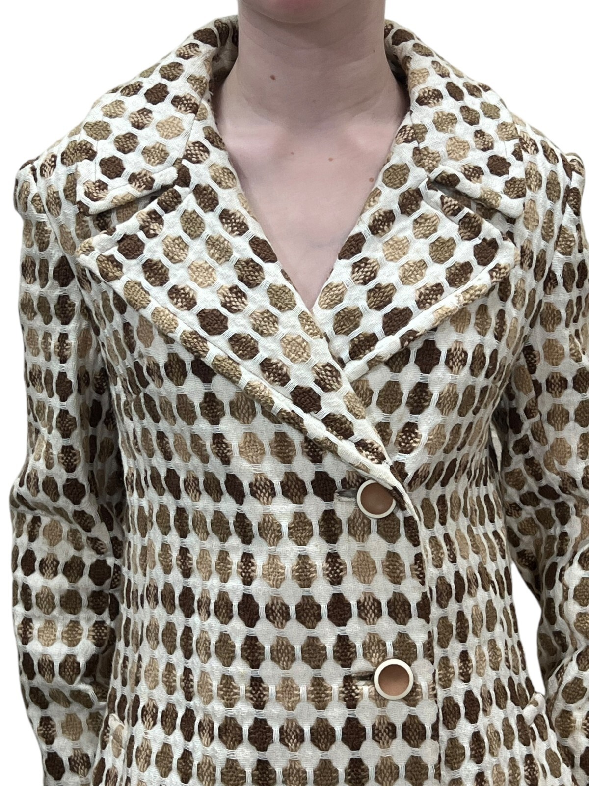 Sz S~M Vtg 60s Coat Ivory Tan Nubby Woven Asymmetrical Betty Rose Princess Seam