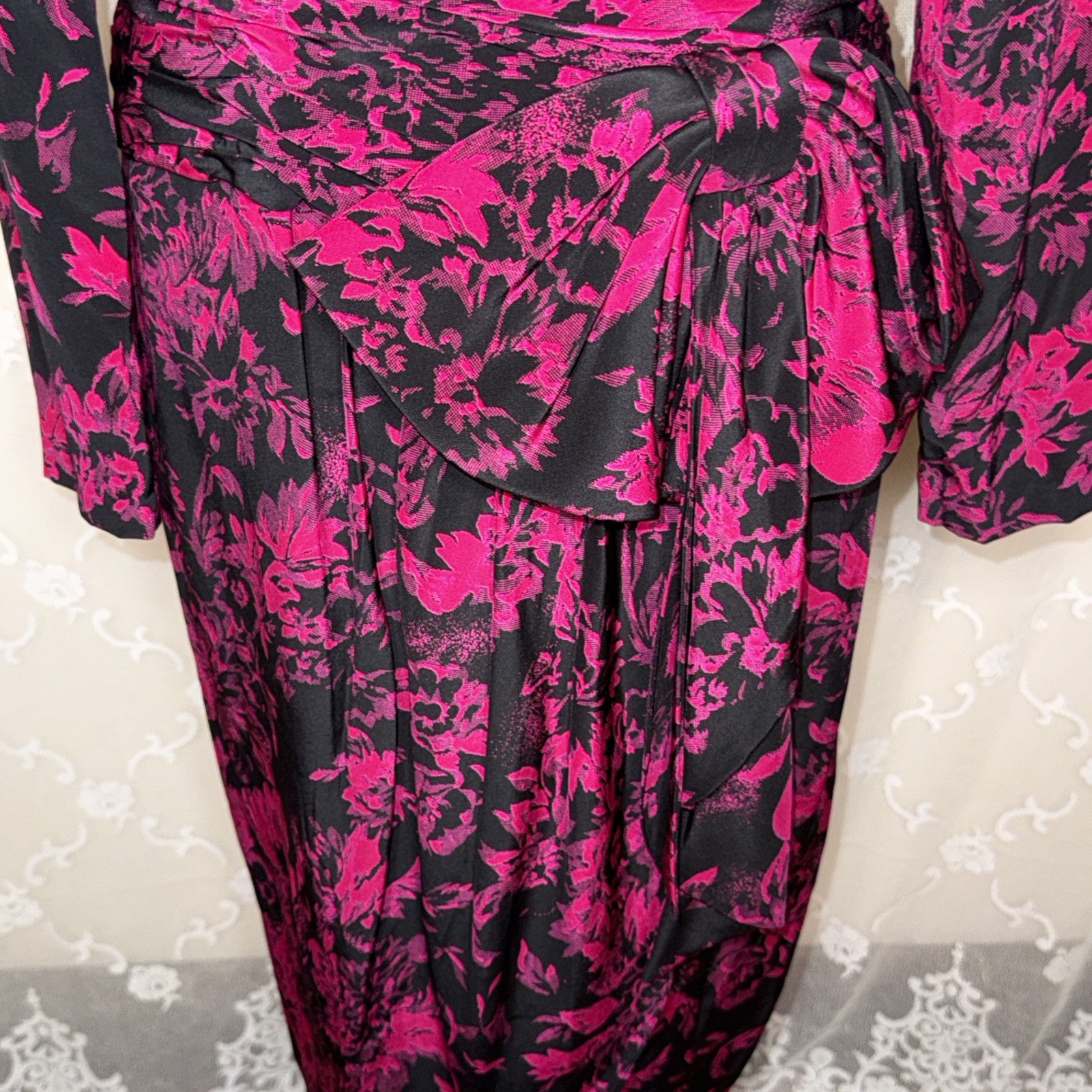VTG Yves Cassette Magenta & Black Silk Bust Lined Cocktail Dress Sissy Bow SZ 10