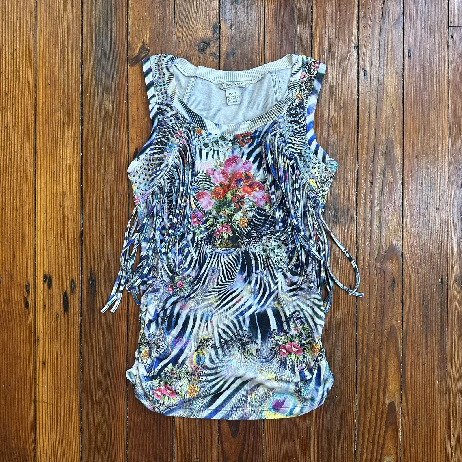 Vtg 00s Alberto Makali studded bouquet zebra print fringe sleeveless sweater Sm
