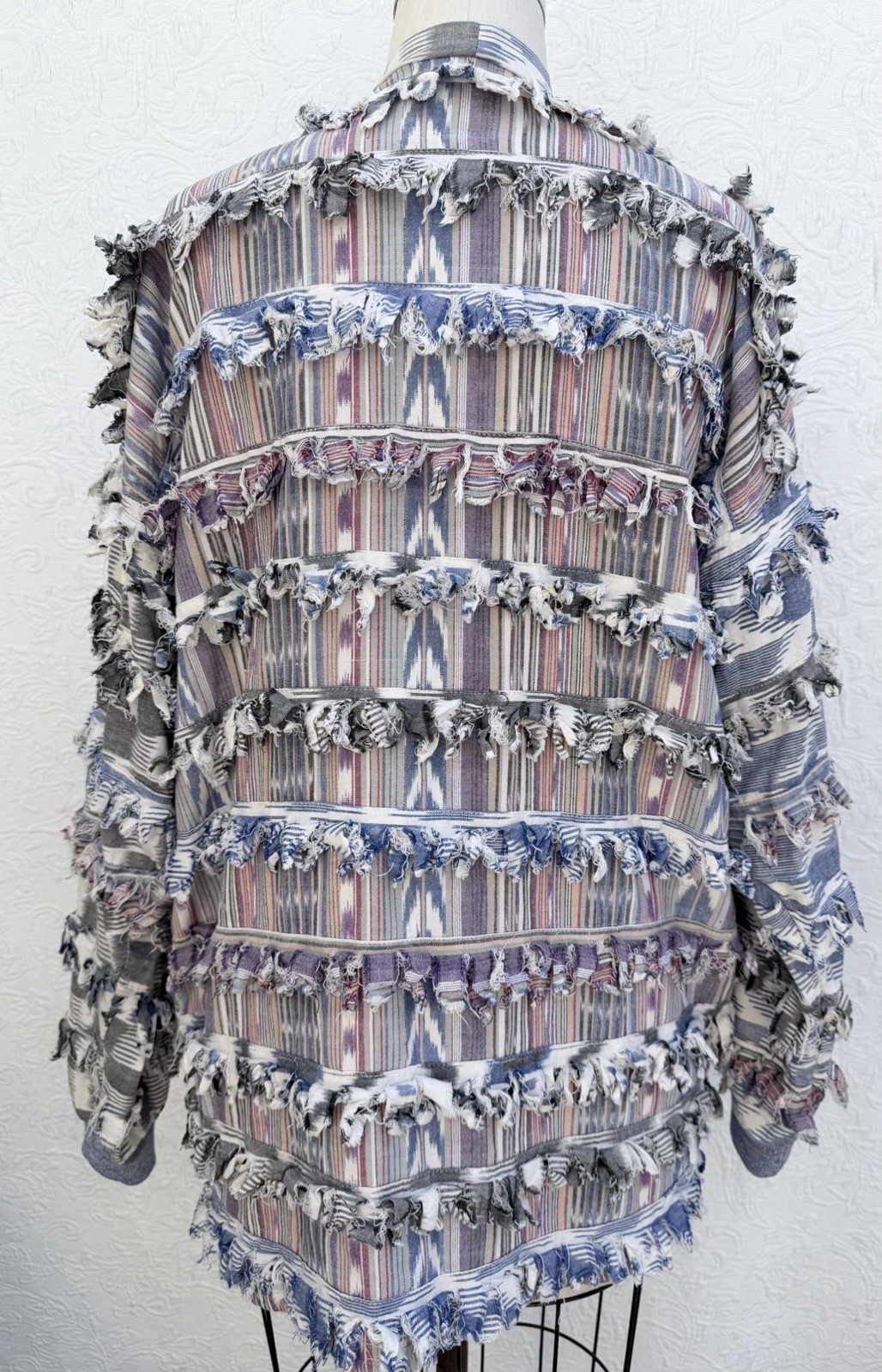 Paula Sweet Muslin Mink Ikat Lightweight Cotton Gray White Blue Jacket LARGE