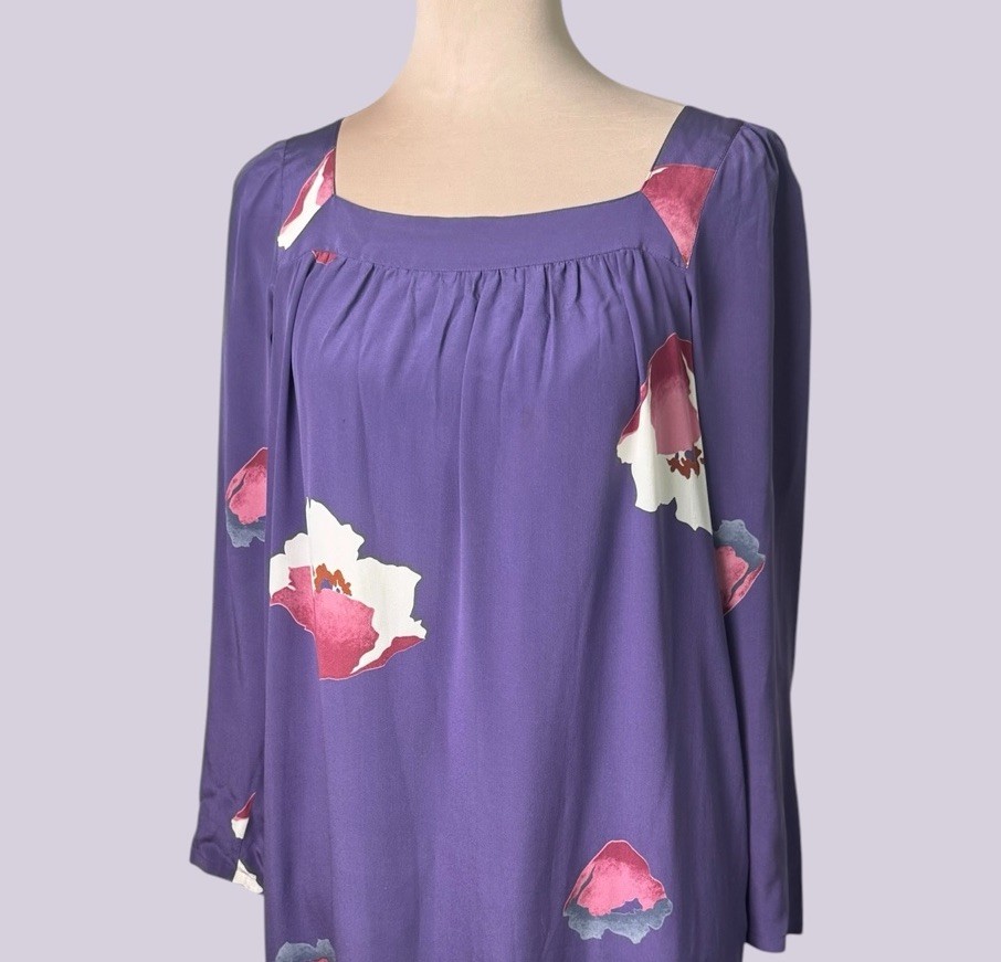 Nora Noh VIntage Silk Hawaiian Mumu Hostess Gown Purple Floral Resortwear Boho