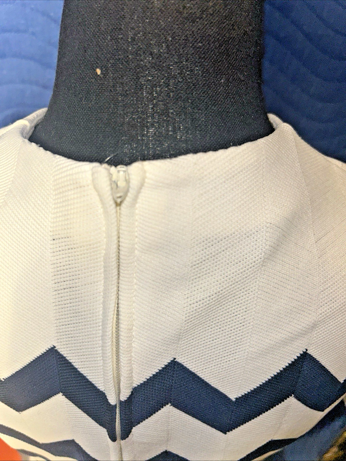 Dalton in Trevira Classic Vintage Dress White with Angled Blue Stripes Size S