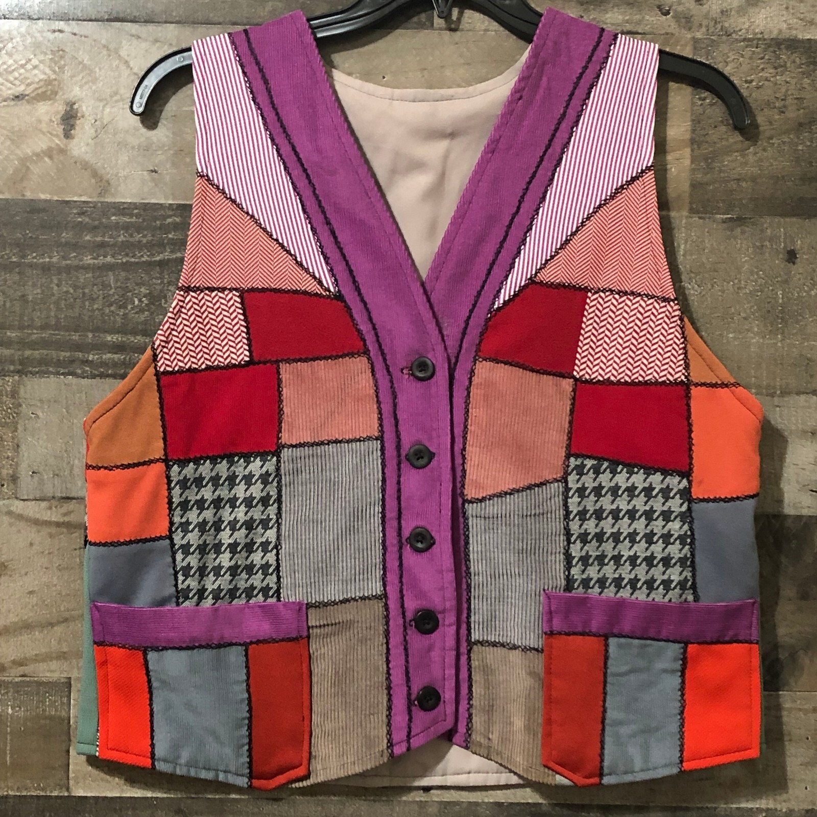 Patchwork Womens Dopamine Quilted Hand Crafted Artsy Vest Vtg Folk Hippie L
