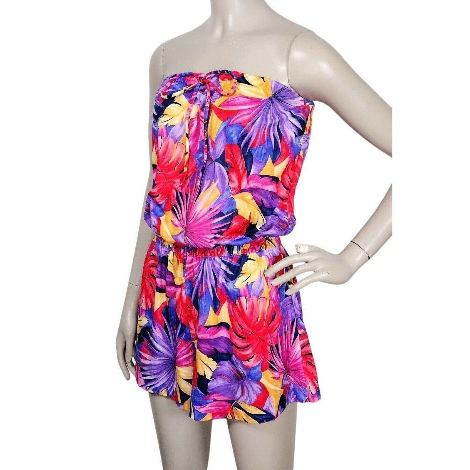 Vintage 70’s Colorful Strapless All Over Palm Leaf Print Short Romper Granada