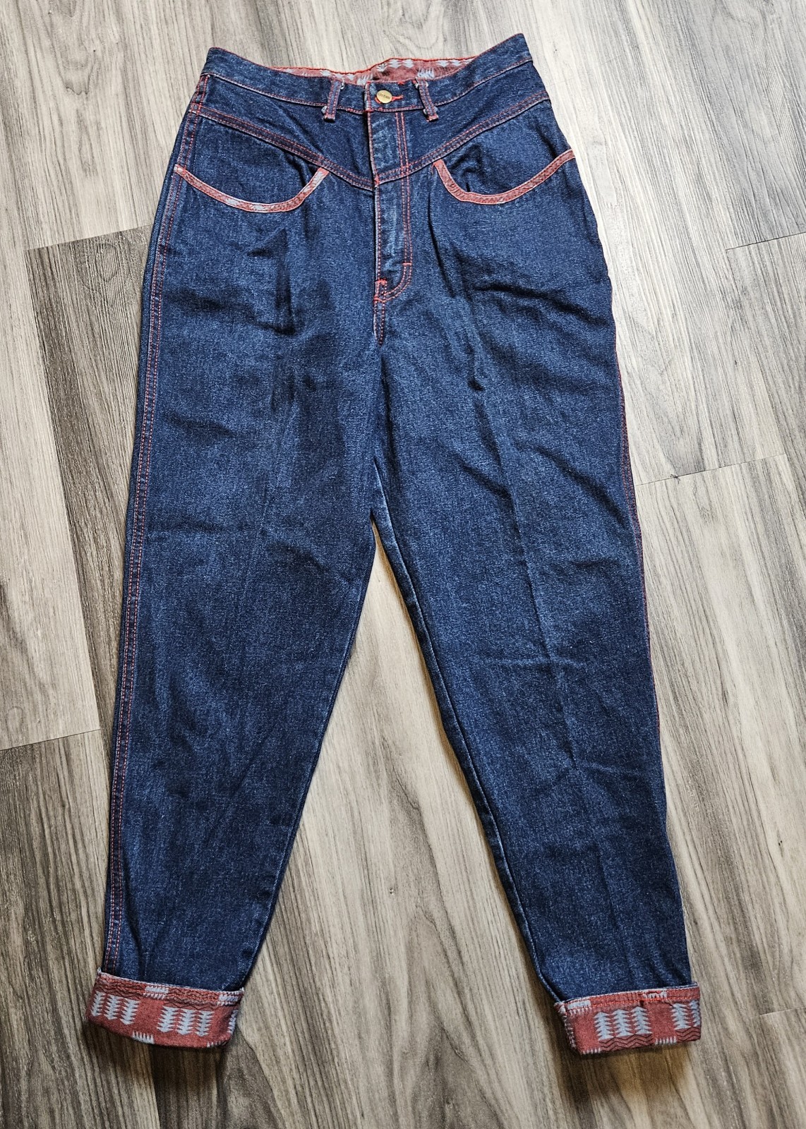 80s VTG Gitano Womens Blue Denim Red Stitching Tribal Accent Cuffs/Pockets Y2K