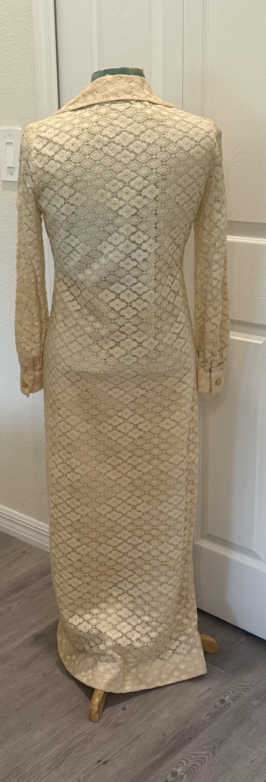 1960’s Evening Gown Coat Dress Cream Lace W/ Lining Gold Buttons Long Sleeve USA