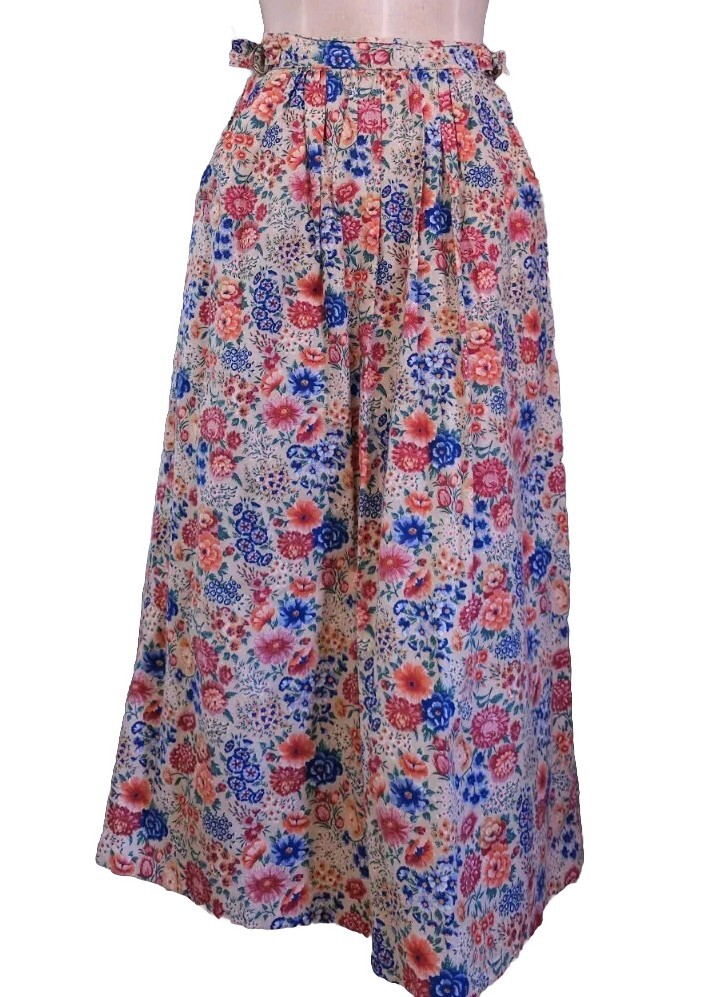 Vintage Cottagecore Floral Midi Skirt With Brass Hardware Handmade Sz. XS/S