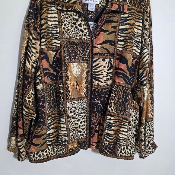 Erin London Vtg 100% silk patchwork animal print zipper front jacket Woman sz XL