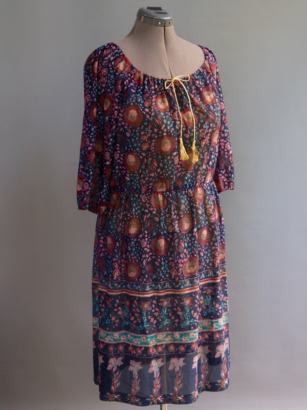 VTG 70s Tabby Hippie Festival Boho Peasant Dres Elastic Off Shoulder Collar L