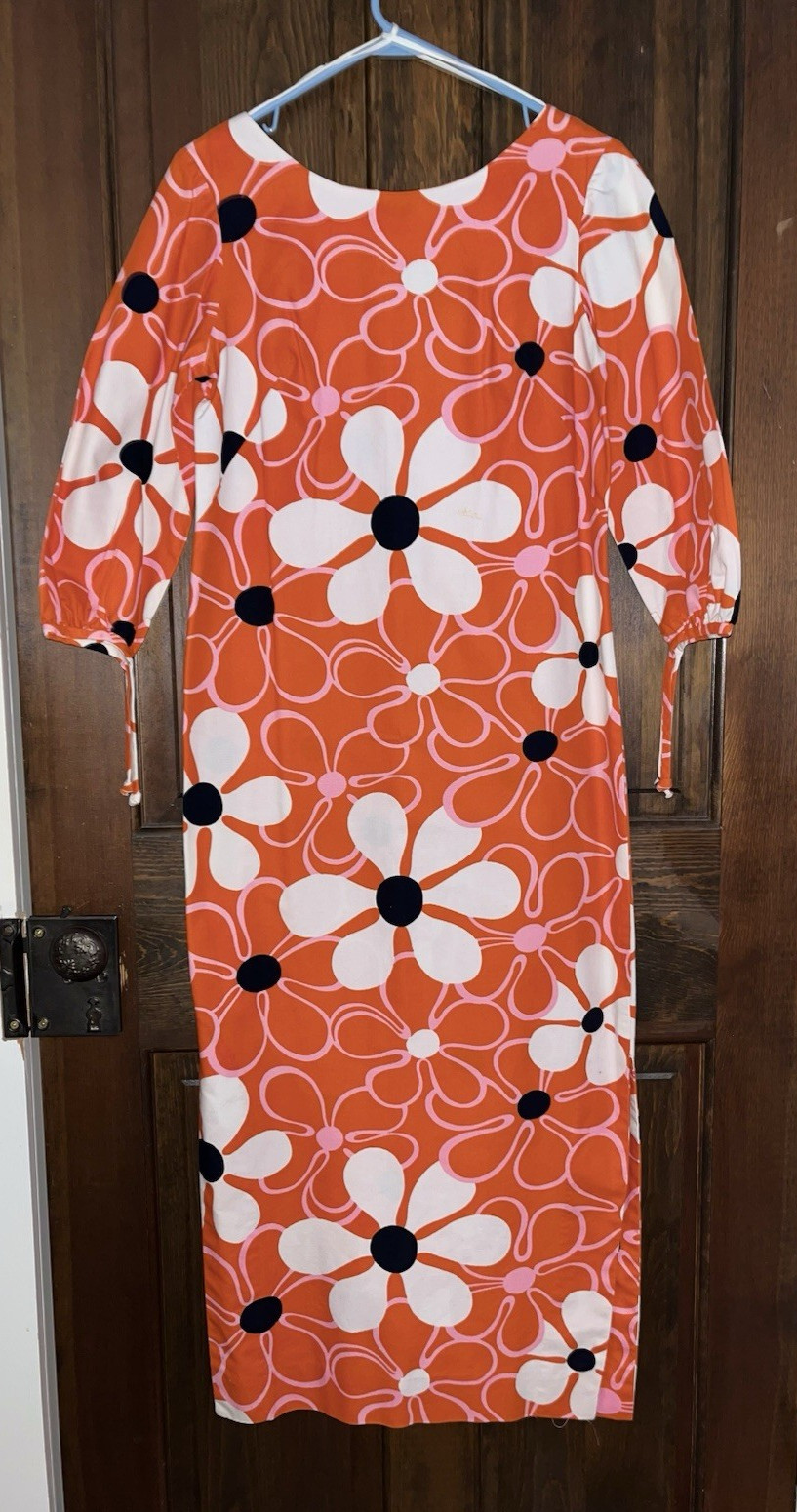 VTG Malihini Hawaiian Cotton Barkcloth Maxi Hostess Dress Orange Daises Floral
