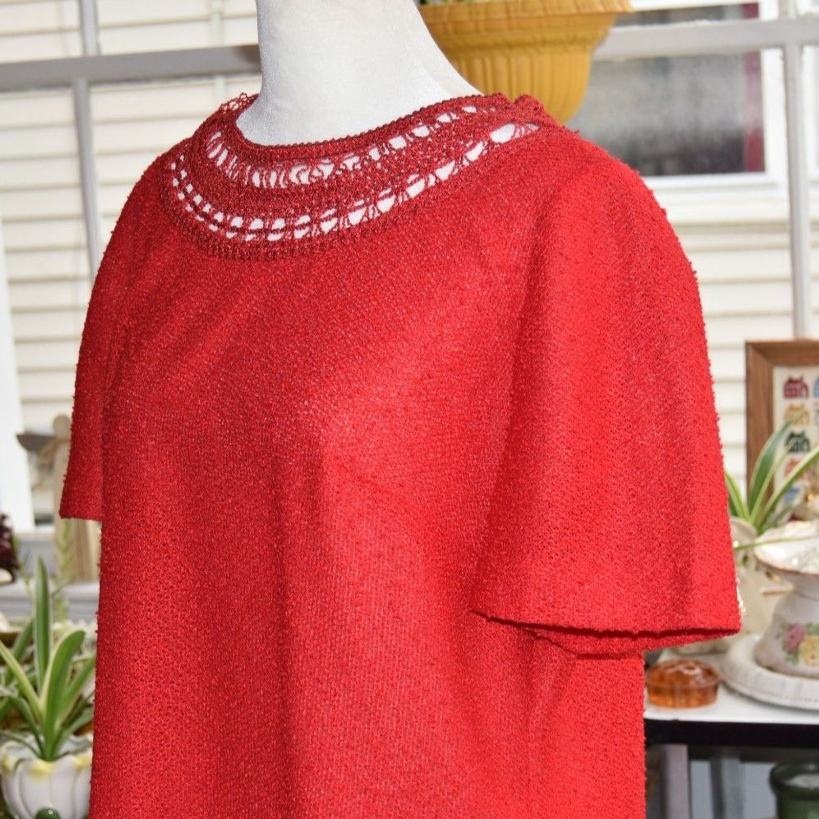 Vintage Leslie Pomer Red Knit Shift Dress Crochet Yoke ILGWU USA Women’s XL