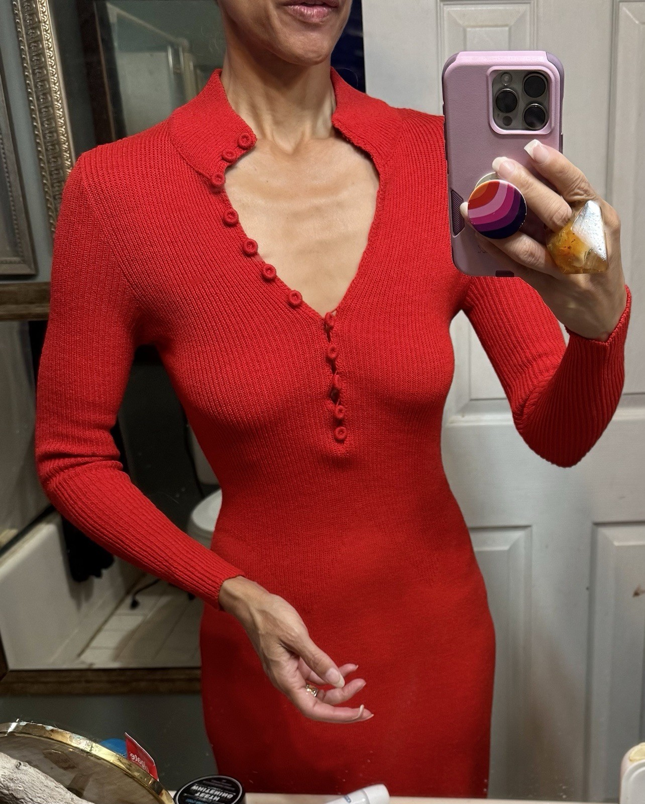 Vtg The Knit Group Stretch Acrylic Sweater Wiggle Dress Fitted Red Skinny Sleeve