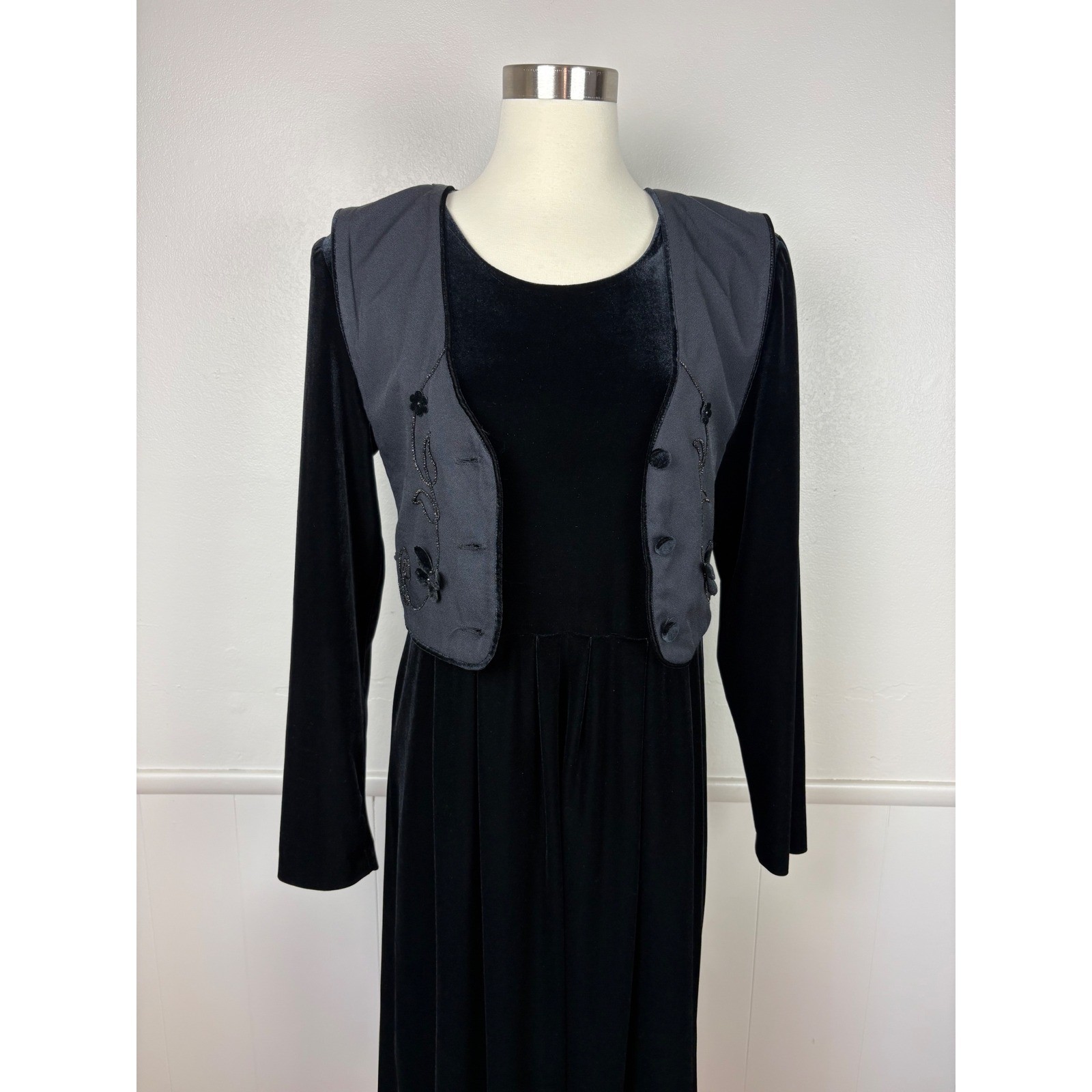 J.B.S. Ltd Vintage Velvet Midi Dress with Beaded Faux Vest Sz 12 Modest 80s 90s