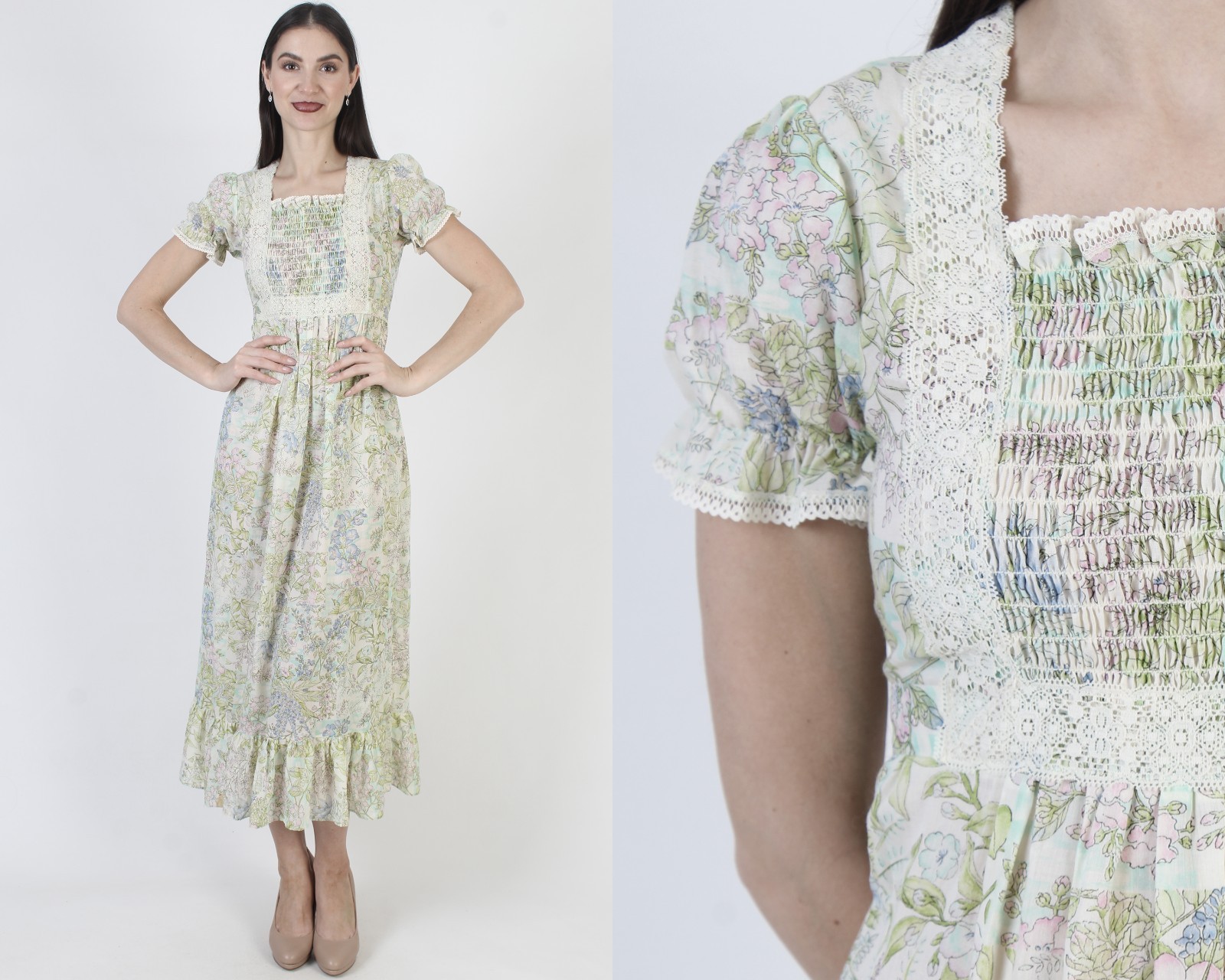 Vtg 70s White Smocked Prairie Dress Pastel Floral Prairie Cottage Boho Sundress