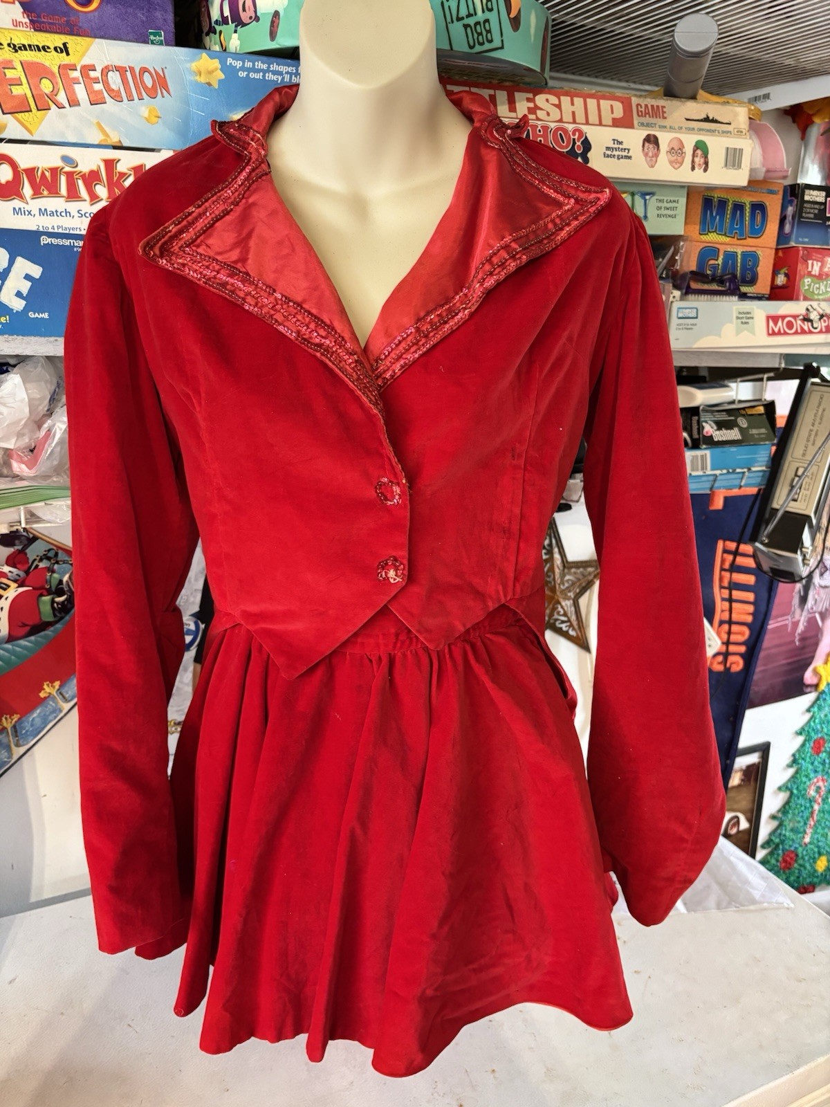 VTG 50s MAJORETTE PARADE COSTUME SKIRT BLOOMERS JACKET Red Velvet Tails B32 W24