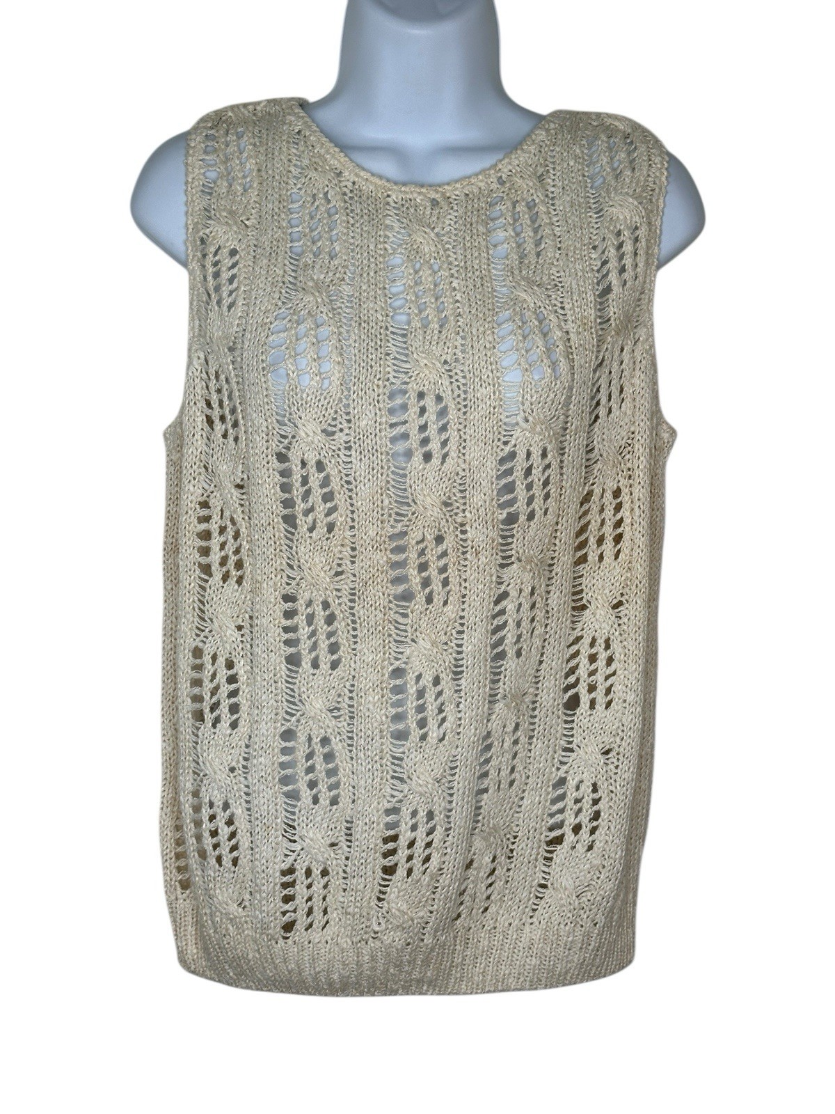 Vintage 80s Liz Claiborne Top Cream Crochet Open Knit Sleeveless Cottagecore Med