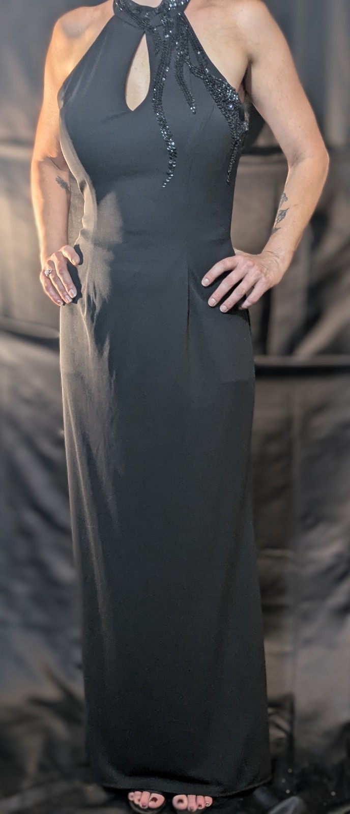 Black Long Vintage Halter Gown With Embroided Sequence and beading open Back
