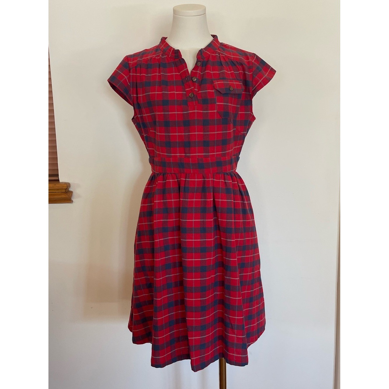 Retro Cotton Twee Red Blue Plaid Fit and Flare Dress Pockets Classic 1950’s 60’s