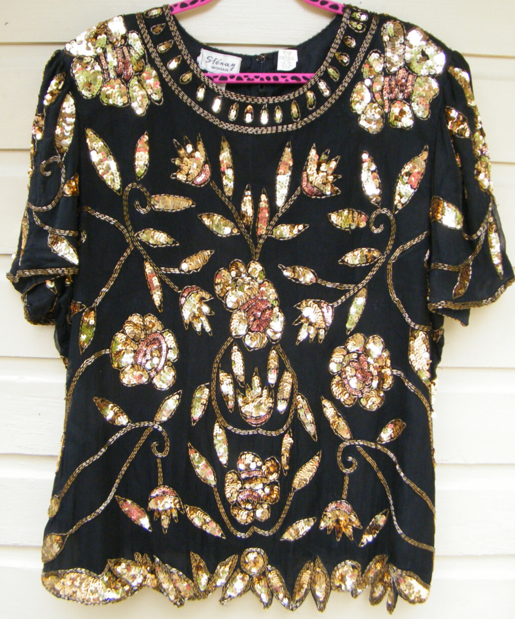 Stenay 100% Silk Black Formal/Evening Blouse w Multi-Color Sequins/Beads Sz 24 W