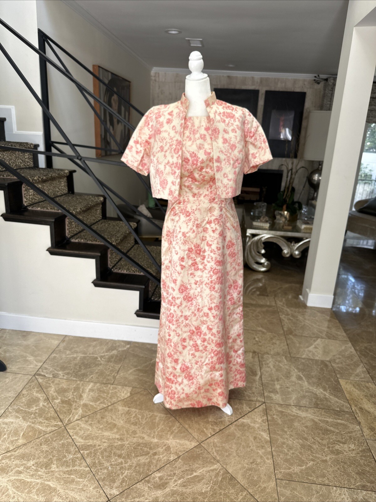 Vintage 60s Cream Satin & Pink Velvet Flocking Evening Gown With Jacket Size 6