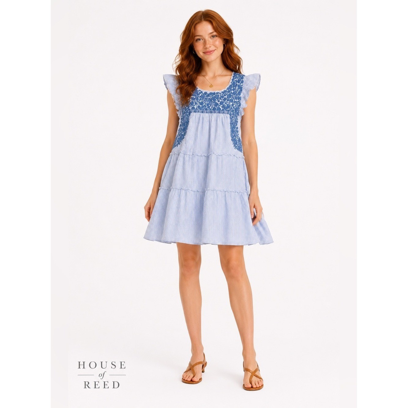 J. Marie Blue Gingham Embroidered Tiered Mini Dress XS Cottagecore Boho Cotton